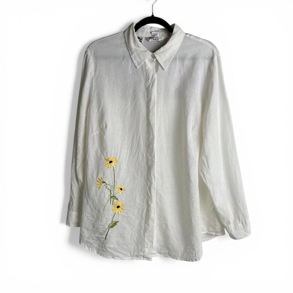 Vintage White Linen Long Sleeve Button-Up Shirt with Yellow Floral Embroidery - Picture 1 of 6
